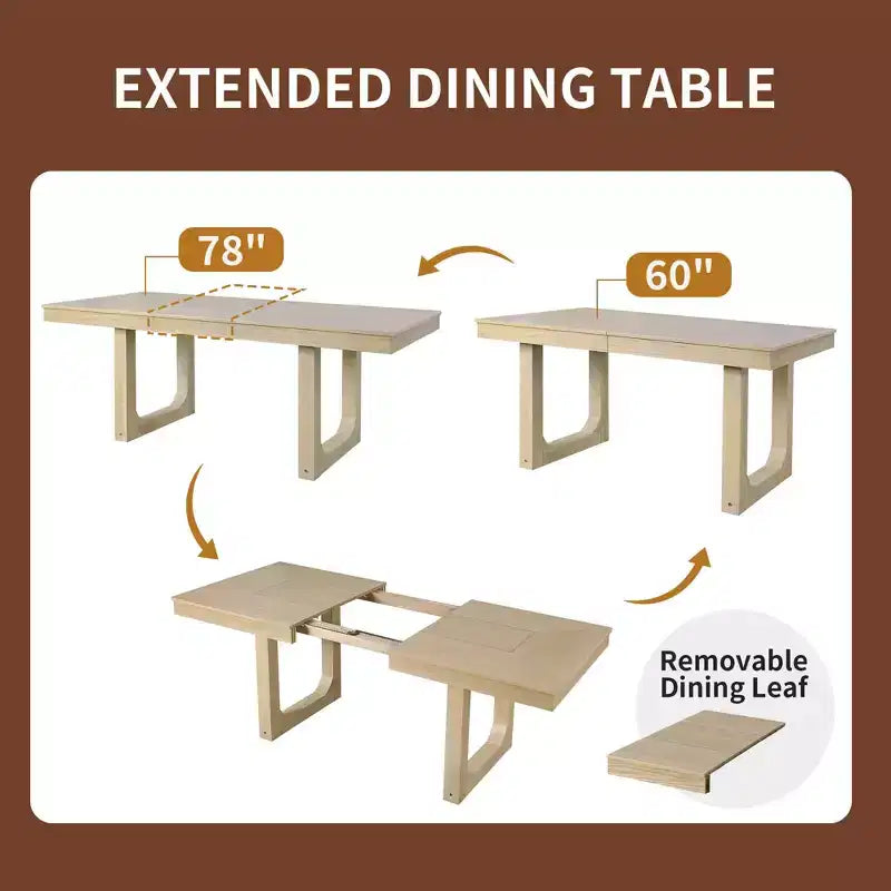 Ensemble de salle à manger MAYEERTY 7 pièces extensible, table rustique de 78" et 6 chaises