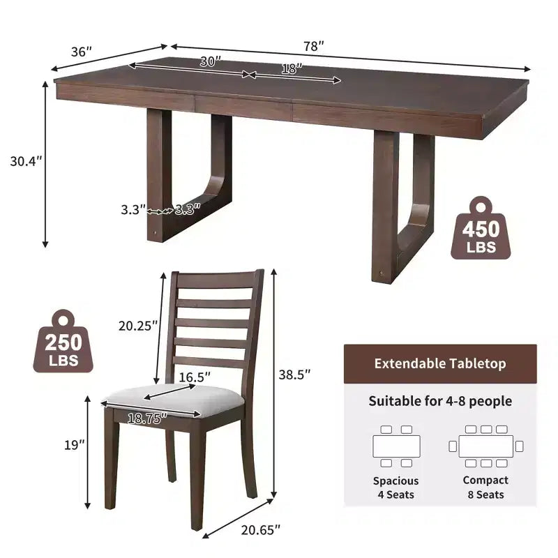 Ensemble de salle à manger MAYEERTY 7 pièces extensible, table rustique de 78" et 6 chaises