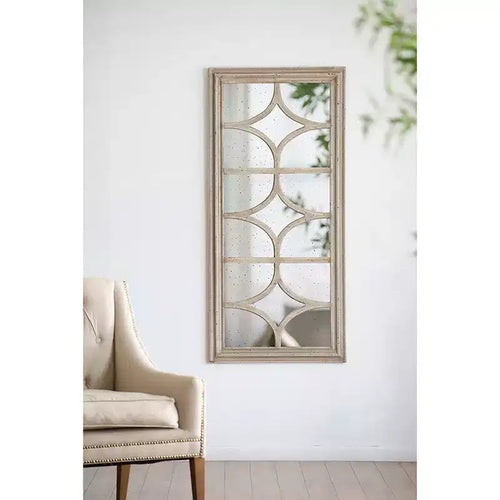 28 x 59 Inch Rectangular Wall Mirror with Distressed White Frame and Window Design