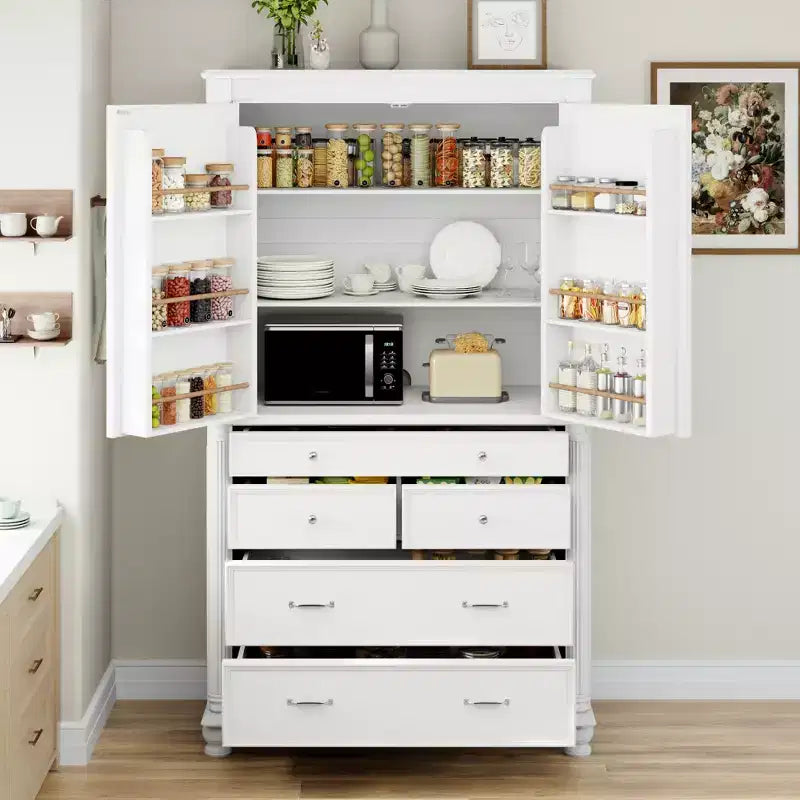 GDFStudio Elea Meuble de Cuisine Indépendant Haut avec 5 Tiroirs, 6 Étagères de Porte et 2 Étagères Réglables