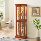 Vitrine d'angle éclairée 70, 6 étagères en verre réglables, meuble de rangement en bois composite pour salon, grande vitrine