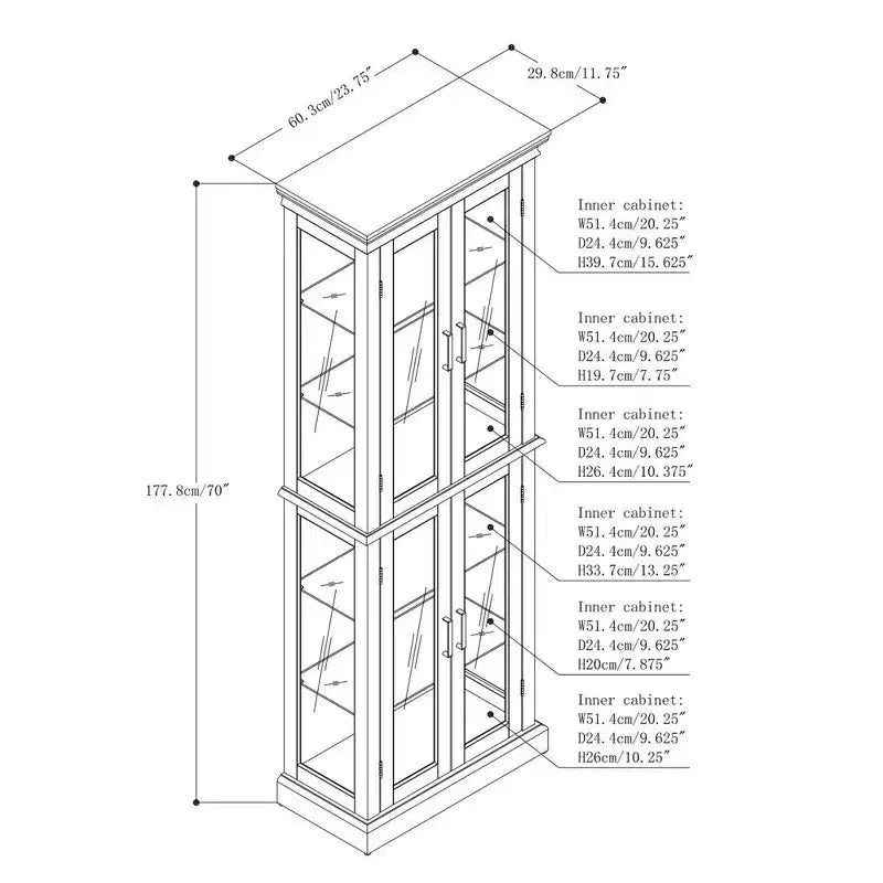 Vitrine d'angle éclairée 70, 6 étagères en verre réglables, meuble de rangement en bois composite pour salon, grande vitrine
