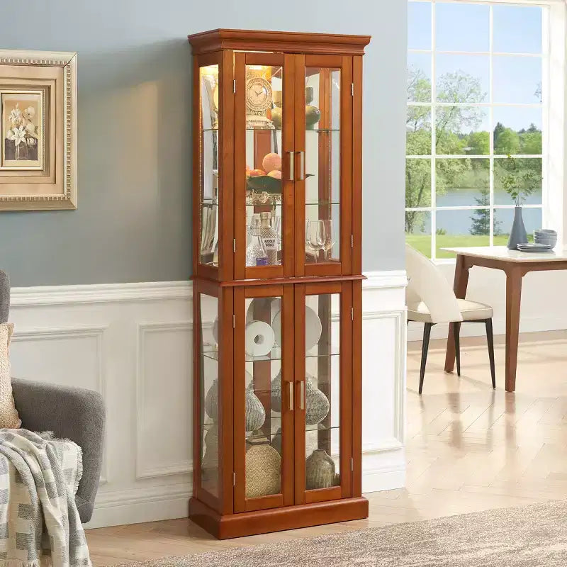 Vitrine d'angle éclairée 70, 6 étagères en verre réglables, meuble de rangement en bois composite pour salon, grande vitrine