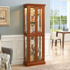 Vitrine d'angle éclairée 70, 6 étagères en verre réglables, meuble de rangement en bois composite pour salon, grande vitrine