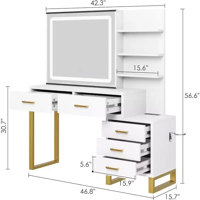 Coiffeuse avec miroir coulissant et lumières, grande table de maquillage avec station de charge, 3 modes d'éclairage, 5 tiroirs et 3 niveaux d'étagères ouvertes