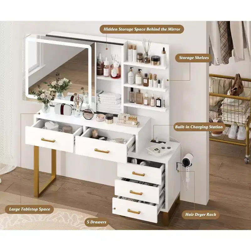 Coiffeuse avec miroir coulissant et lumières, grande table de maquillage avec station de charge, 3 modes d'éclairage, 5 tiroirs et 3 niveaux d'étagères ouvertes