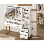 Coiffeuse avec miroir coulissant et lumières, grande table de maquillage avec station de charge, 3 modes d'éclairage, 5 tiroirs et 3 niveaux d'étagères ouvertes