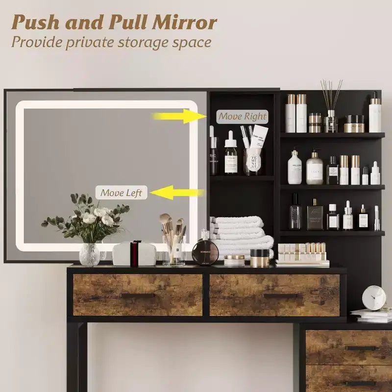 Coiffeuse avec miroir coulissant et lumières, grande table de maquillage avec station de charge, 3 modes d'éclairage, 5 tiroirs et 3 niveaux d'étagères ouvertes