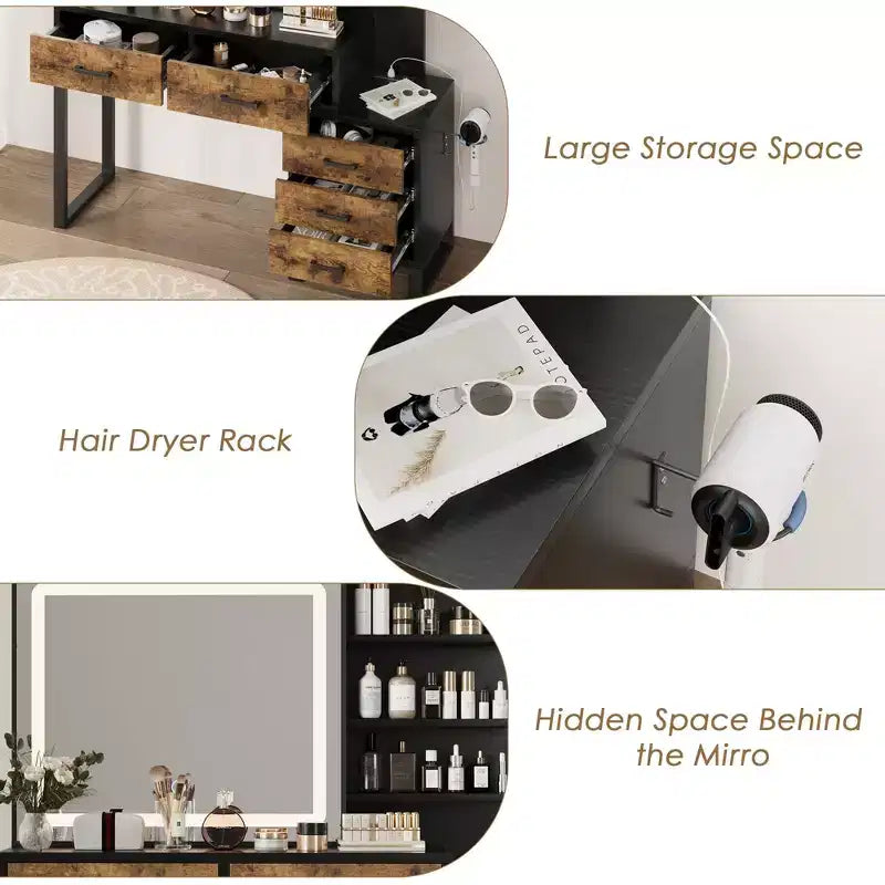 Coiffeuse avec miroir coulissant et lumières, grande table de maquillage avec station de charge, 3 modes d'éclairage, 5 tiroirs et 3 niveaux d'étagères ouvertes