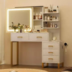 Coiffeuse avec miroir coulissant et lumières, grande table de maquillage avec station de charge, 3 modes d'éclairage, 5 tiroirs et 3 niveaux d'étagères ouvertes