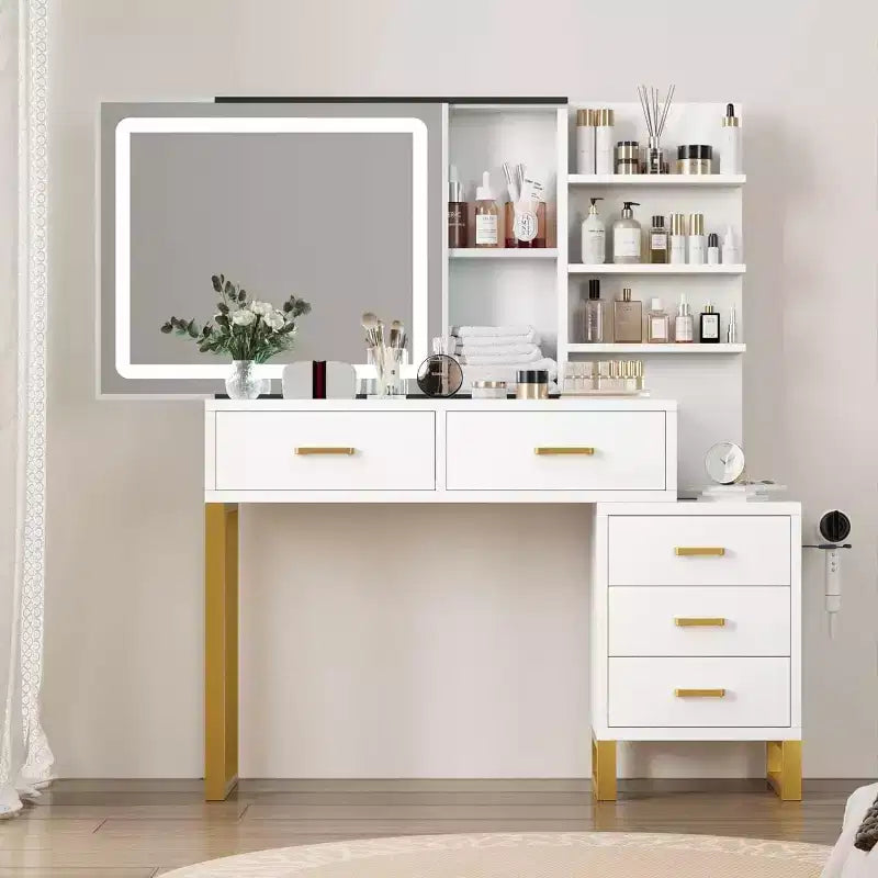Coiffeuse avec miroir coulissant et lumières, grande table de maquillage avec station de charge, 3 modes d'éclairage, 5 tiroirs et 3 niveaux d'étagères ouvertes