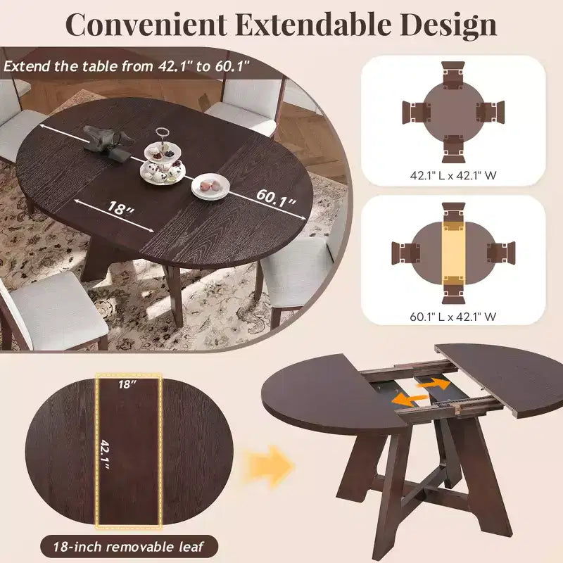 Ensemble de salle à manger extensible 5 pièces Elfa Farmhouse de GDFStudio avec rallonge amovible et chaises rembourrées