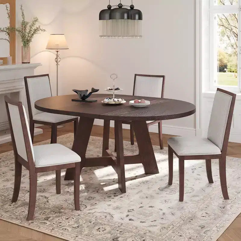 GDFStudio 5 Piece Elfa Farmhouse Extendable Dining Set with Removable Leaf and Upholstered Chairs