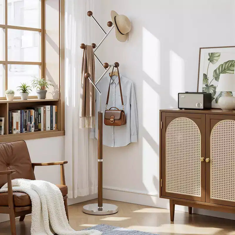 Bekrvio Porte-Manteau sur Pied avec Base en Marbre Lourd, Arbre à Manteaux en Métal Extra-Stable avec 8/9 Crochets en Bois Massif pour Vêtements, Chapeaux et Sacs