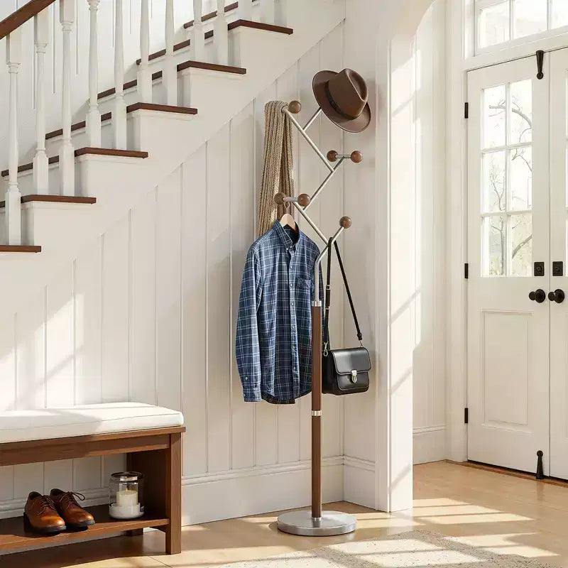Bekrvio Porte-Manteau sur Pied avec Base en Marbre Lourd, Arbre à Manteaux en Métal Extra-Stable avec 8/9 Crochets en Bois Massif pour Vêtements, Chapeaux et Sacs