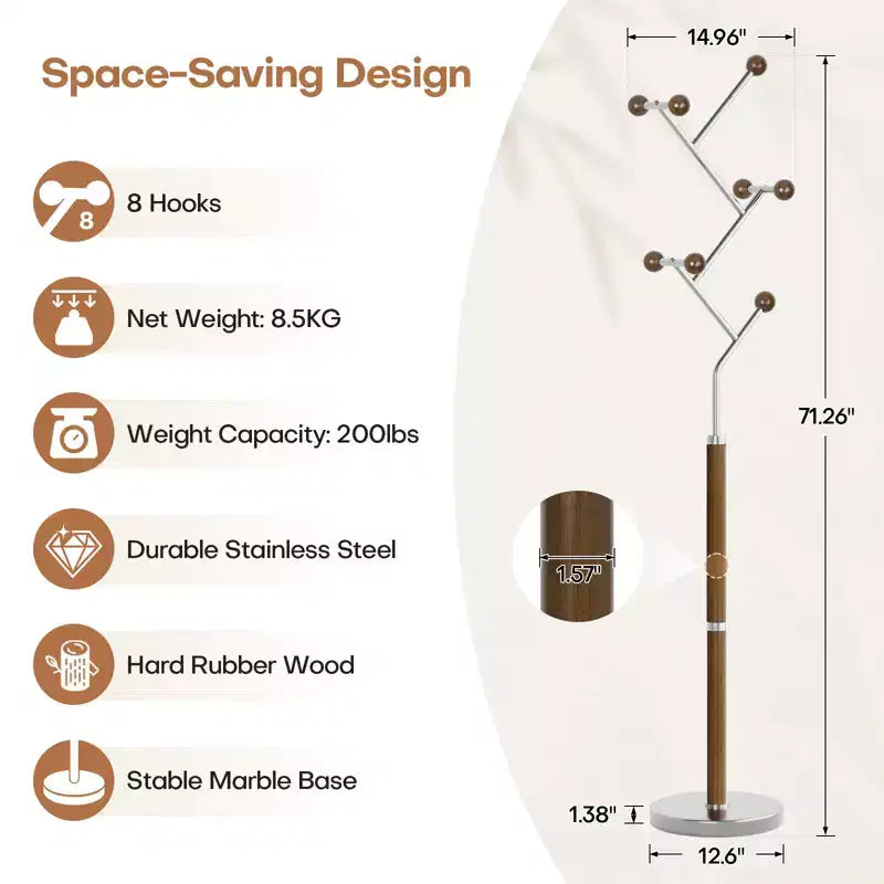 Bekrvio Porte-Manteau sur Pied avec Base en Marbre Lourd, Arbre à Manteaux en Métal Extra-Stable avec 8/9 Crochets en Bois Massif pour Vêtements, Chapeaux et Sacs