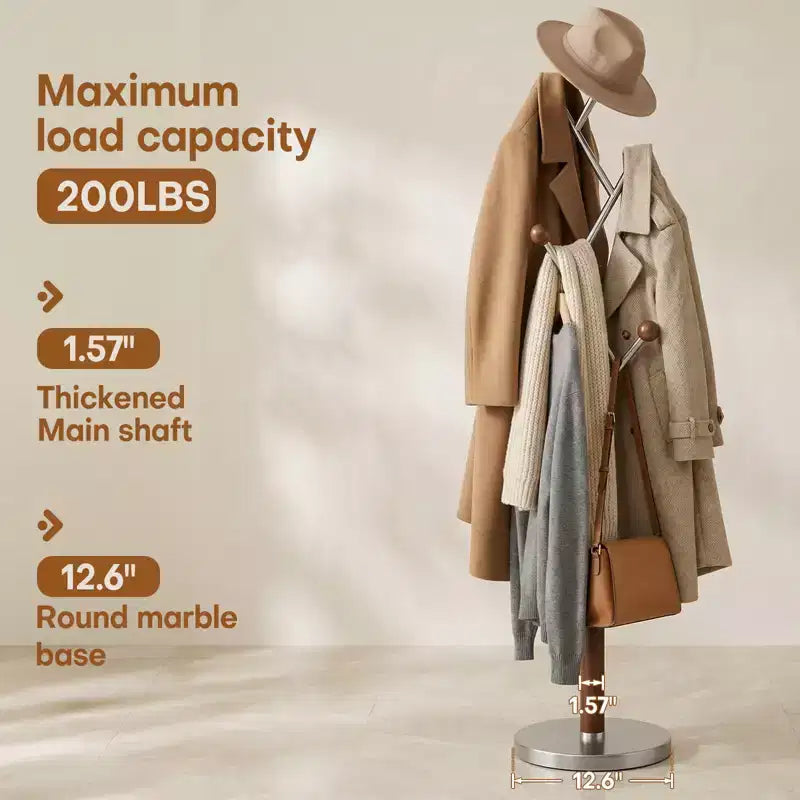 Bekrvio Porte-Manteau sur Pied avec Base en Marbre Lourd, Arbre à Manteaux en Métal Extra-Stable avec 8/9 Crochets en Bois Massif pour Vêtements, Chapeaux et Sacs