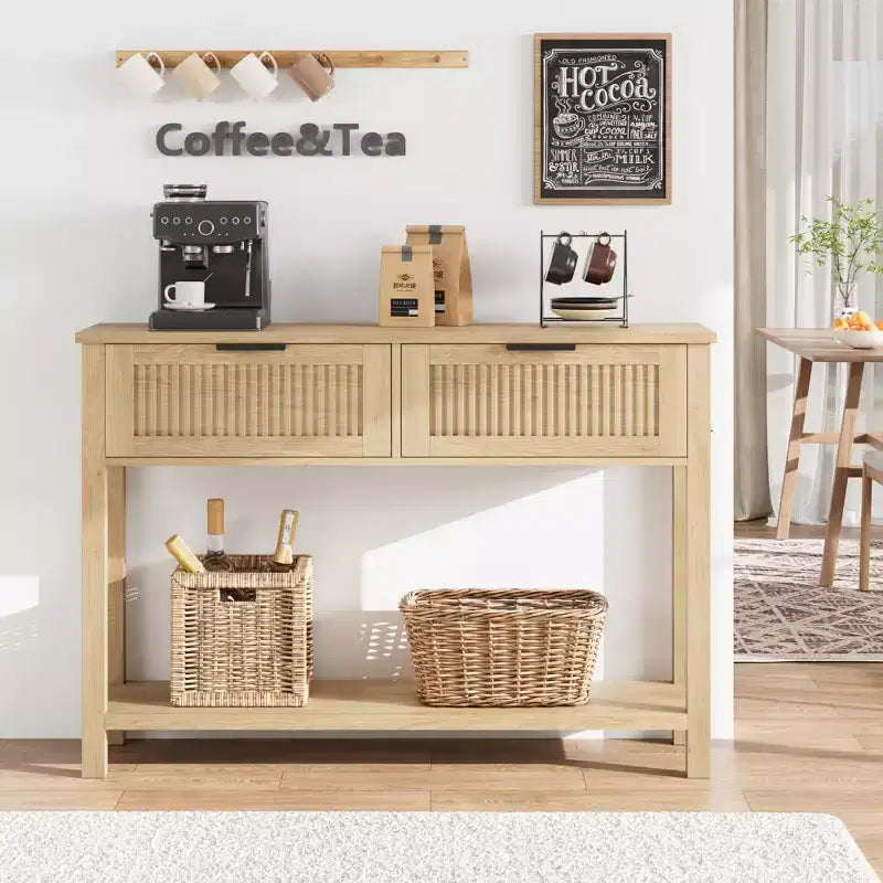COZONY Table console cannelée 43 avec 2 tiroirs couleur bois brûlé, table de canapé d'entrée en bois à 2 niveaux