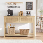 COZONY Table console cannelée 43 avec 2 tiroirs couleur bois brûlé, table de canapé d'entrée en bois à 2 niveaux