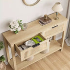 COZONY Table console cannelée 43 avec 2 tiroirs couleur bois brûlé, table de canapé d'entrée en bois à 2 niveaux