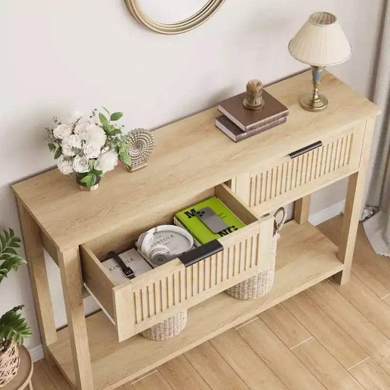 COZONY Table console cannelée 43 avec 2 tiroirs couleur bois brûlé, table de canapé d'entrée en bois à 2 niveaux