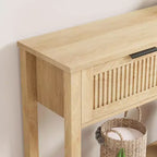 COZONY Table console cannelée 43 avec 2 tiroirs couleur bois brûlé, table de canapé d'entrée en bois à 2 niveaux