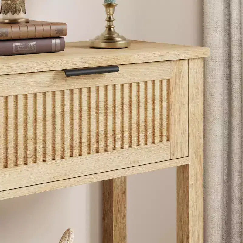 COZONY Table console cannelée 43 avec 2 tiroirs couleur bois brûlé, table de canapé d'entrée en bois à 2 niveaux