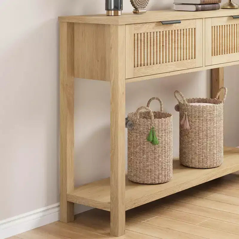 COZONY Table console cannelée 43 avec 2 tiroirs couleur bois brûlé, table de canapé d'entrée en bois à 2 niveaux