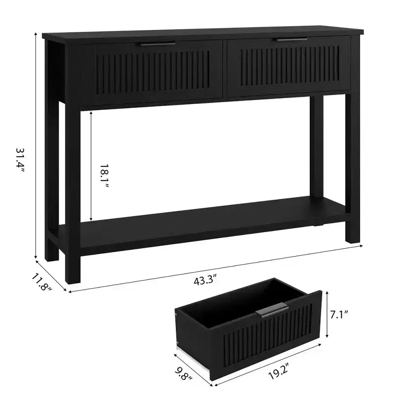 COZONY Table console cannelée 43 avec 2 tiroirs couleur bois brûlé, table de canapé d'entrée en bois à 2 niveaux