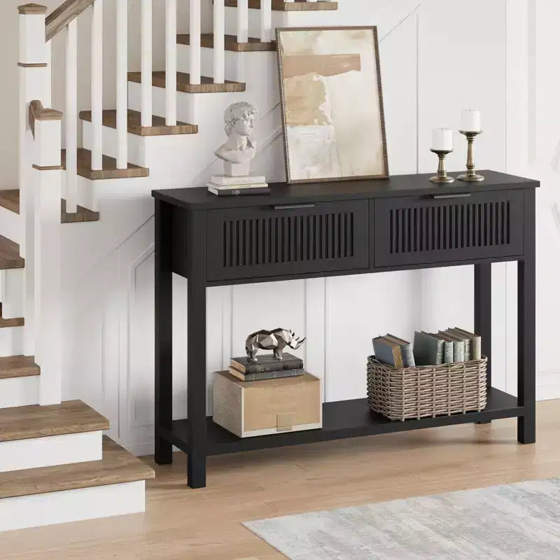COZONY Table console cannelée 43 avec 2 tiroirs couleur bois brûlé, table de canapé d'entrée en bois à 2 niveaux
