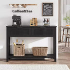COZONY Table console cannelée 43 avec 2 tiroirs couleur bois brûlé, table de canapé d'entrée en bois à 2 niveaux