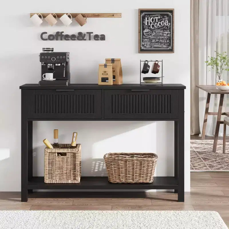 COZONY Table console cannelée 43 avec 2 tiroirs couleur bois brûlé, table de canapé d'entrée en bois à 2 niveaux