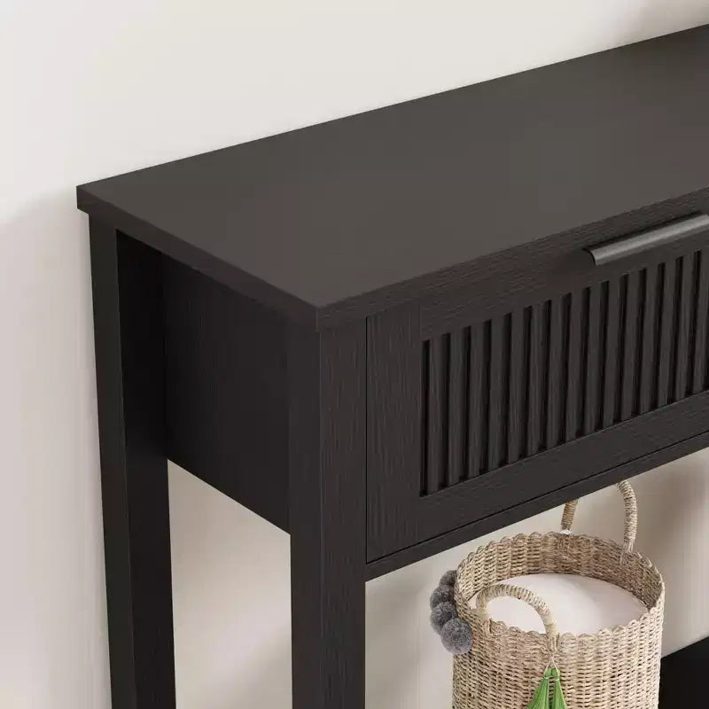 COZONY Table console cannelée 43 avec 2 tiroirs couleur bois brûlé, table de canapé d'entrée en bois à 2 niveaux