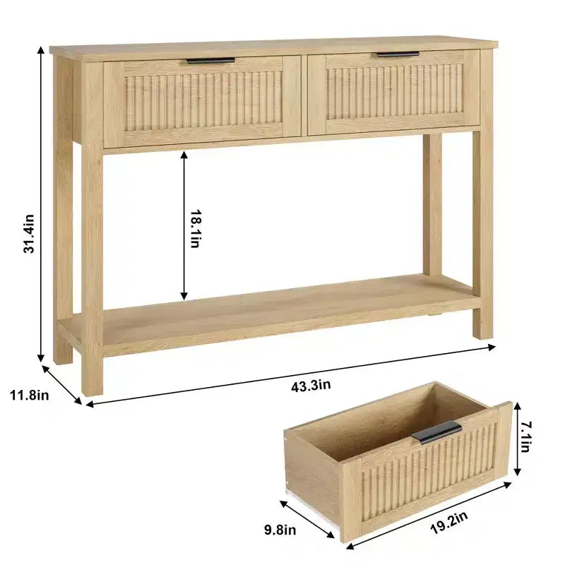 COZONY Table console cannelée 43 avec 2 tiroirs couleur bois brûlé, table de canapé d'entrée en bois à 2 niveaux
