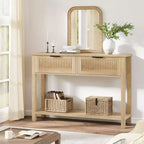 COZONY Table console cannelée 43 avec 2 tiroirs couleur bois brûlé, table de canapé d'entrée en bois à 2 niveaux