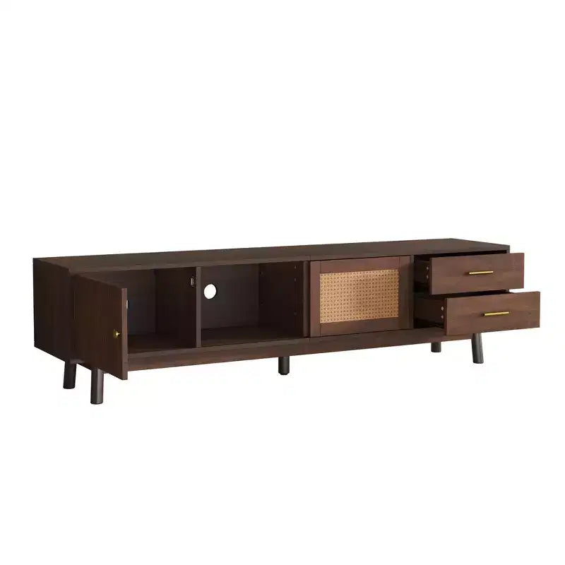 Meuble TV PexFix de style Mid-Century Moderne pour TV 80 pouces Meuble de rangement avec portes coulissantes et tiroirs Table TV avec espace de rangement pour salon/chambre Marron
