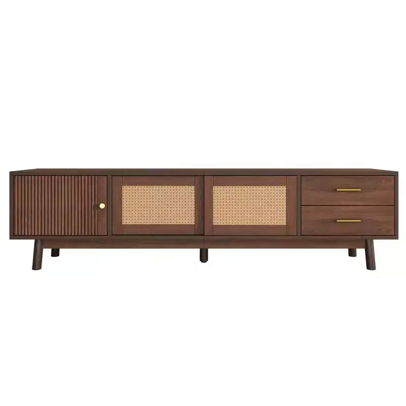 Meuble TV PexFix de style Mid-Century Moderne pour TV 80 pouces Meuble de rangement avec portes coulissantes et tiroirs Table TV avec espace de rangement pour salon/chambre Marron