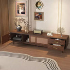 Meuble TV PexFix de style Mid-Century Moderne pour TV 80 pouces Meuble de rangement avec portes coulissantes et tiroirs Table TV avec espace de rangement pour salon/chambre Marron