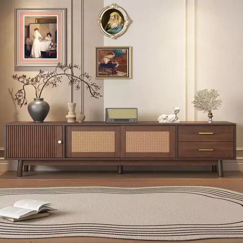 Meuble TV PexFix de style Mid-Century Moderne pour TV 80 pouces Meuble de rangement avec portes coulissantes et tiroirs Table TV avec espace de rangement pour salon/chambre Marron
