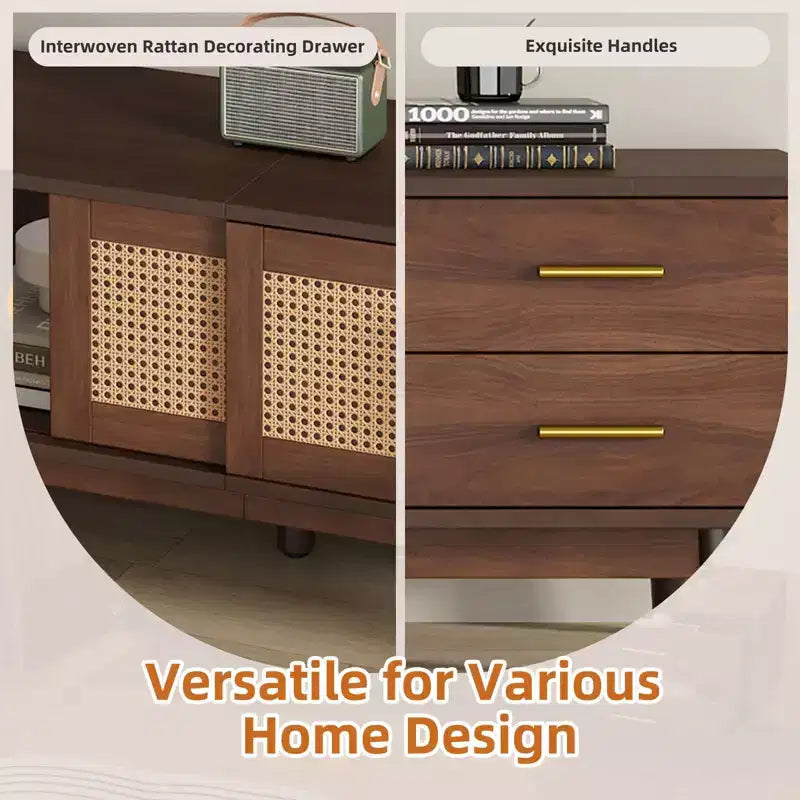 Meuble TV PexFix de style Mid-Century Moderne pour TV 80 pouces Meuble de rangement avec portes coulissantes et tiroirs Table TV avec espace de rangement pour salon/chambre Marron