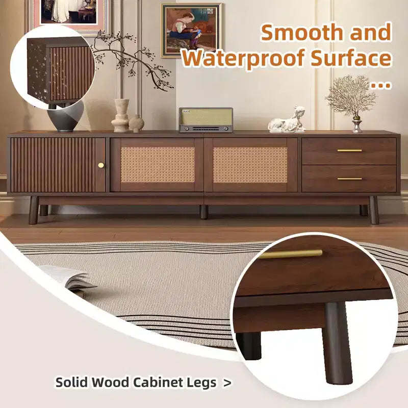 Meuble TV PexFix de style Mid-Century Moderne pour TV 80 pouces Meuble de rangement avec portes coulissantes et tiroirs Table TV avec espace de rangement pour salon/chambre Marron