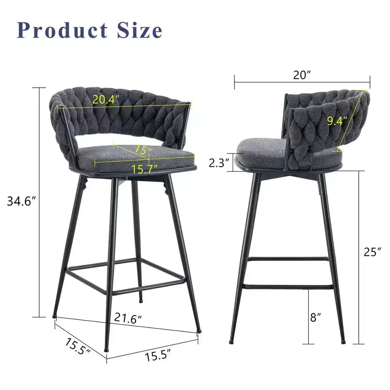 Okak Lot de 2 tabourets de bar modernes en lin respirant, rembourrés, avec repose-pieds et cadre en métal robuste, chaises pivotantes hauteur comptoir