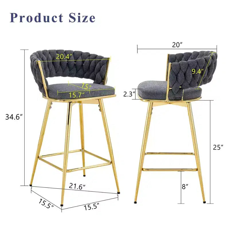 Okak Lot de 2 tabourets de bar modernes en lin respirant, rembourrés, avec repose-pieds et cadre en métal robuste, chaises pivotantes hauteur comptoir