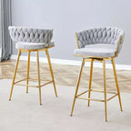 Okak Lot de 2 tabourets de bar modernes en lin respirant, rembourrés, avec repose-pieds et cadre en métal robuste, chaises pivotantes hauteur comptoir