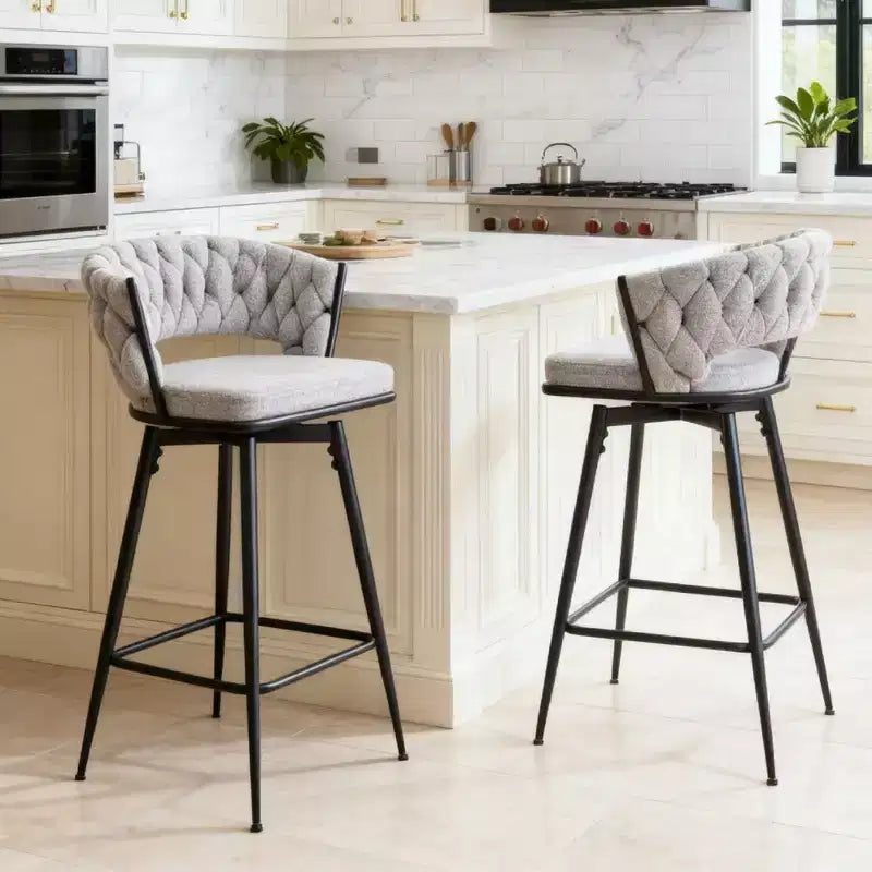 Okak Lot de 2 tabourets de bar modernes en lin respirant, rembourrés, avec repose-pieds et cadre en métal robuste, chaises pivotantes hauteur comptoir