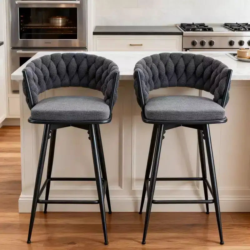Okak Lot de 2 tabourets de bar modernes en lin respirant, rembourrés, avec repose-pieds et cadre en métal robuste, chaises pivotantes hauteur comptoir