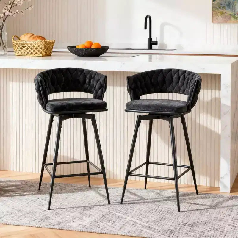 Okak Lot de 2 tabourets de bar modernes en lin respirant, rembourrés, avec repose-pieds et cadre en métal robuste, chaises pivotantes hauteur comptoir