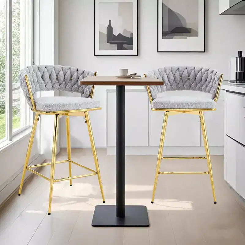 Okak Lot de 2 tabourets de bar modernes en lin respirant, rembourrés, avec repose-pieds et cadre en métal robuste, chaises pivotantes hauteur comptoir