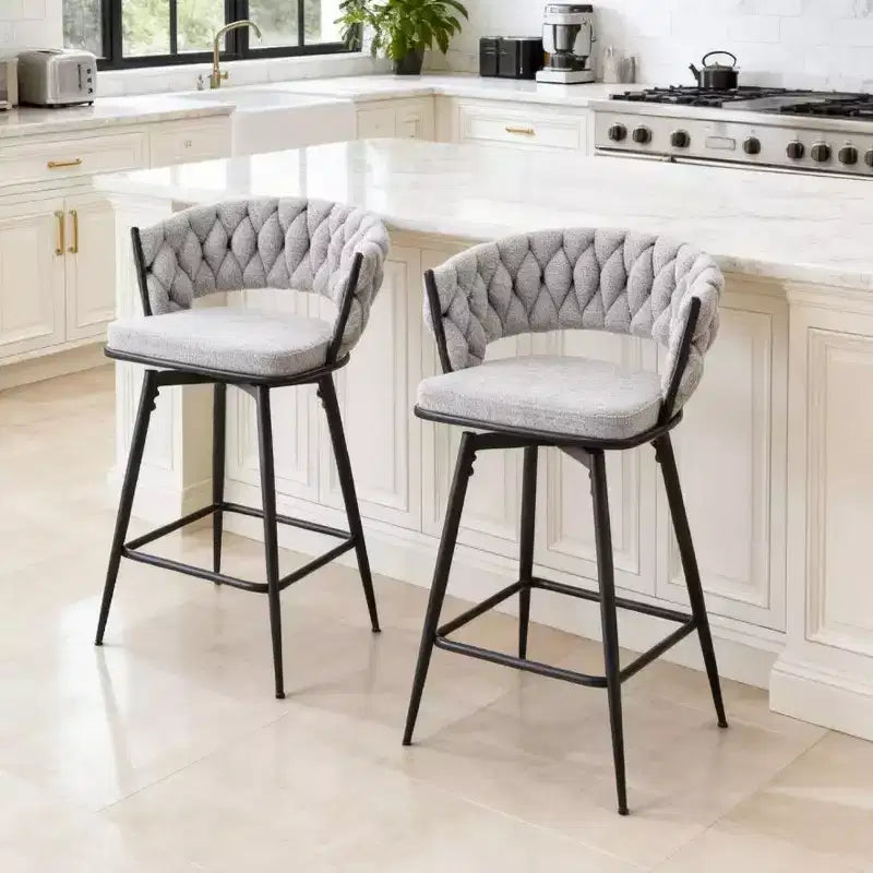 Okak Lot de 2 tabourets de bar modernes en lin respirant, rembourrés, avec repose-pieds et cadre en métal robuste, chaises pivotantes hauteur comptoir