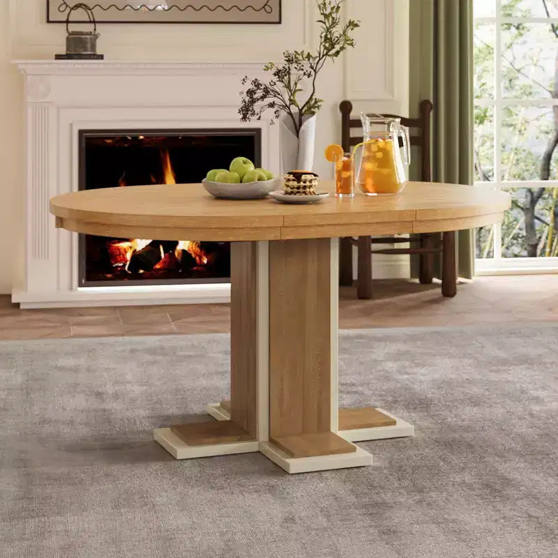 Table à manger extensible Clihome avec rallonge centrale de 40,6 cm, table à manger ovale de 106,7 cm à 147,3 cm pour 6 personnes, table à manger ronde rétro en bois massif à double couche